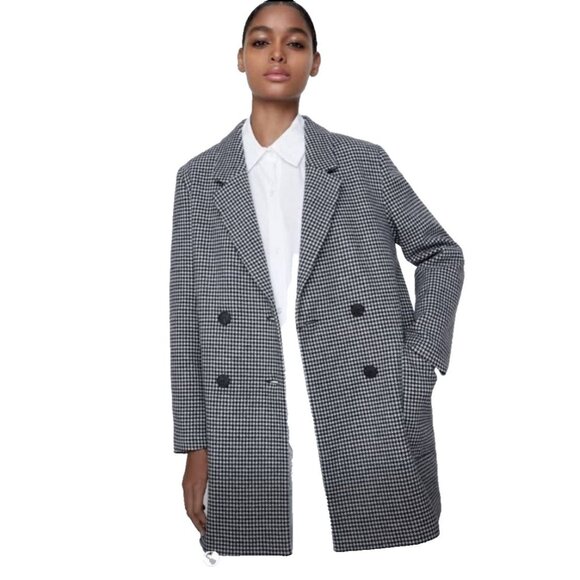 ZARA Houndstooth Tweed Frayed Jacket Blazer Coat - Size S - Black & White Check - Picture 6 of 16